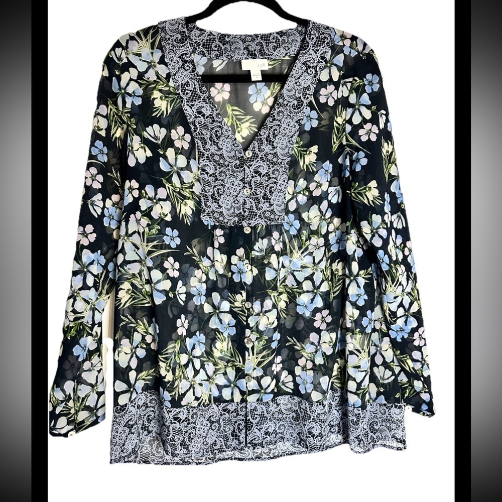 J JILL Woman’s Floral Blue Floral Semi-Sheer Tunic style V-Neck Top Sz M
